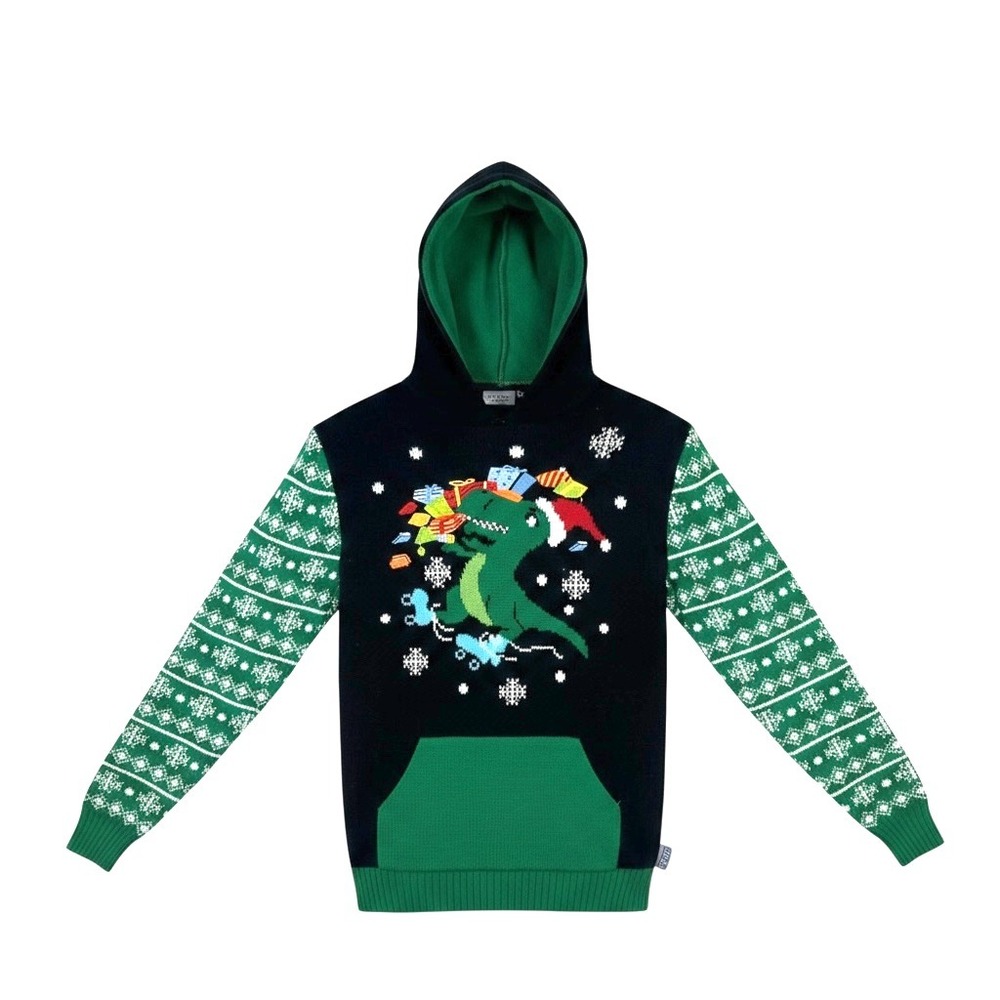 Funzitez Dinosaur Christmas Hoodie Unisex M Green Black Ugly Sweater Holiday